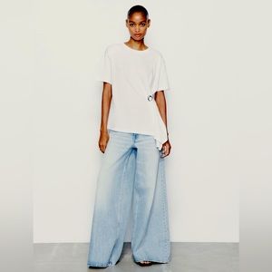 ZARA SIDE BROOCH T-SHIRT.SIZE S WHITE NEW WITH TAGS